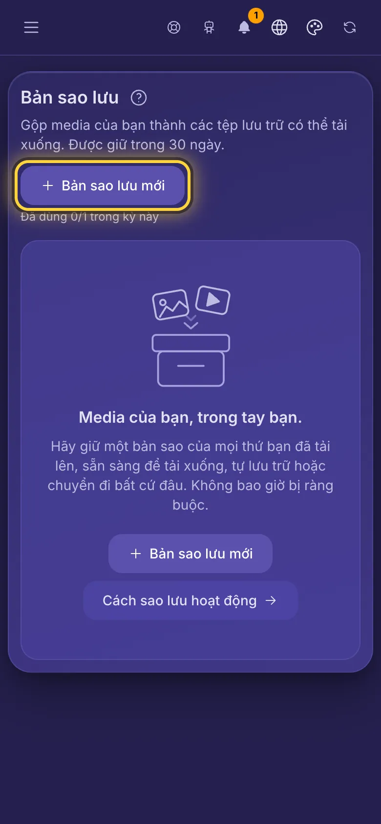 Trang Bản sao lưu, với nút Bản sao lưu mới và số bản sao lưu còn lại trong kỳ này.