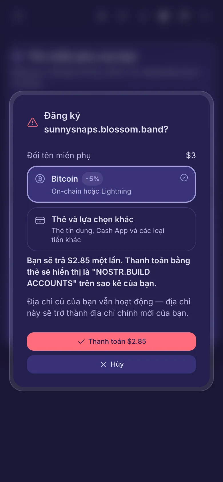 Câu hỏi trước khi đăng ký tên mất phí, có khoản phí và lựa chọn cách thanh toán.
