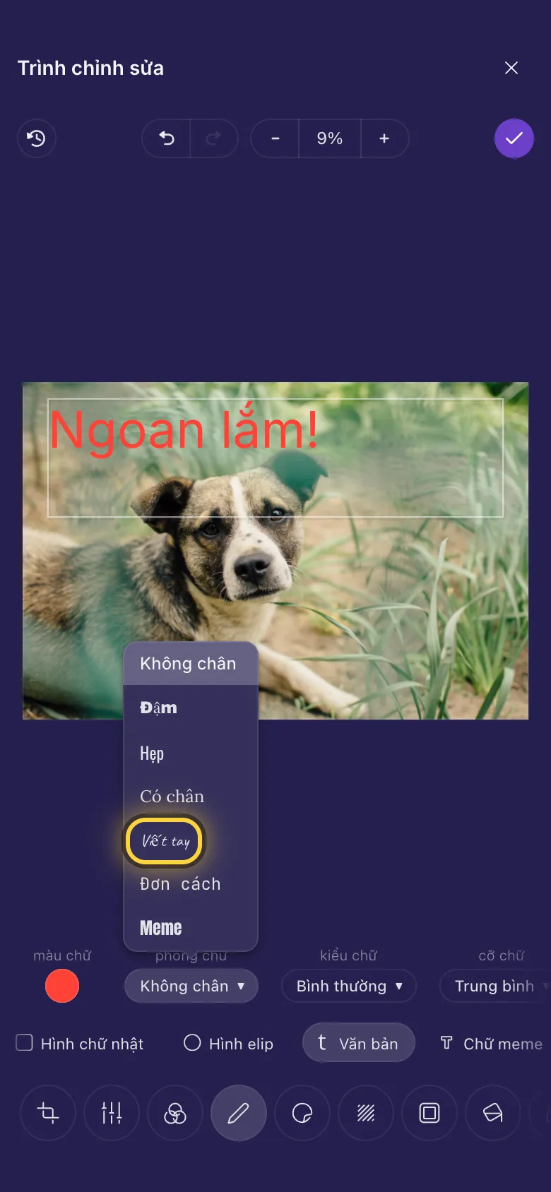 Chữ trên ảnh một chú chó, danh sách phông chữ đang mở