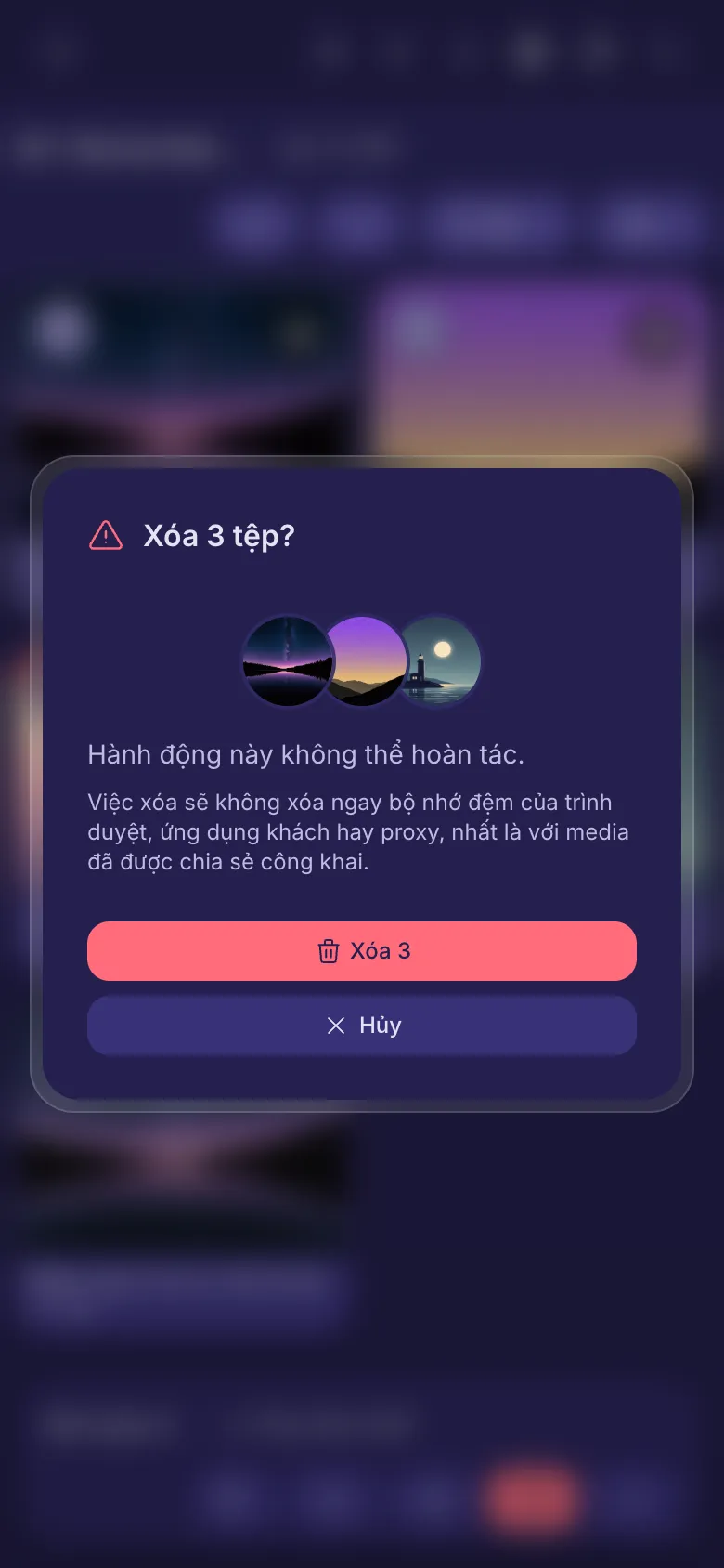 Câu hỏi trước khi xóa ba tệp.