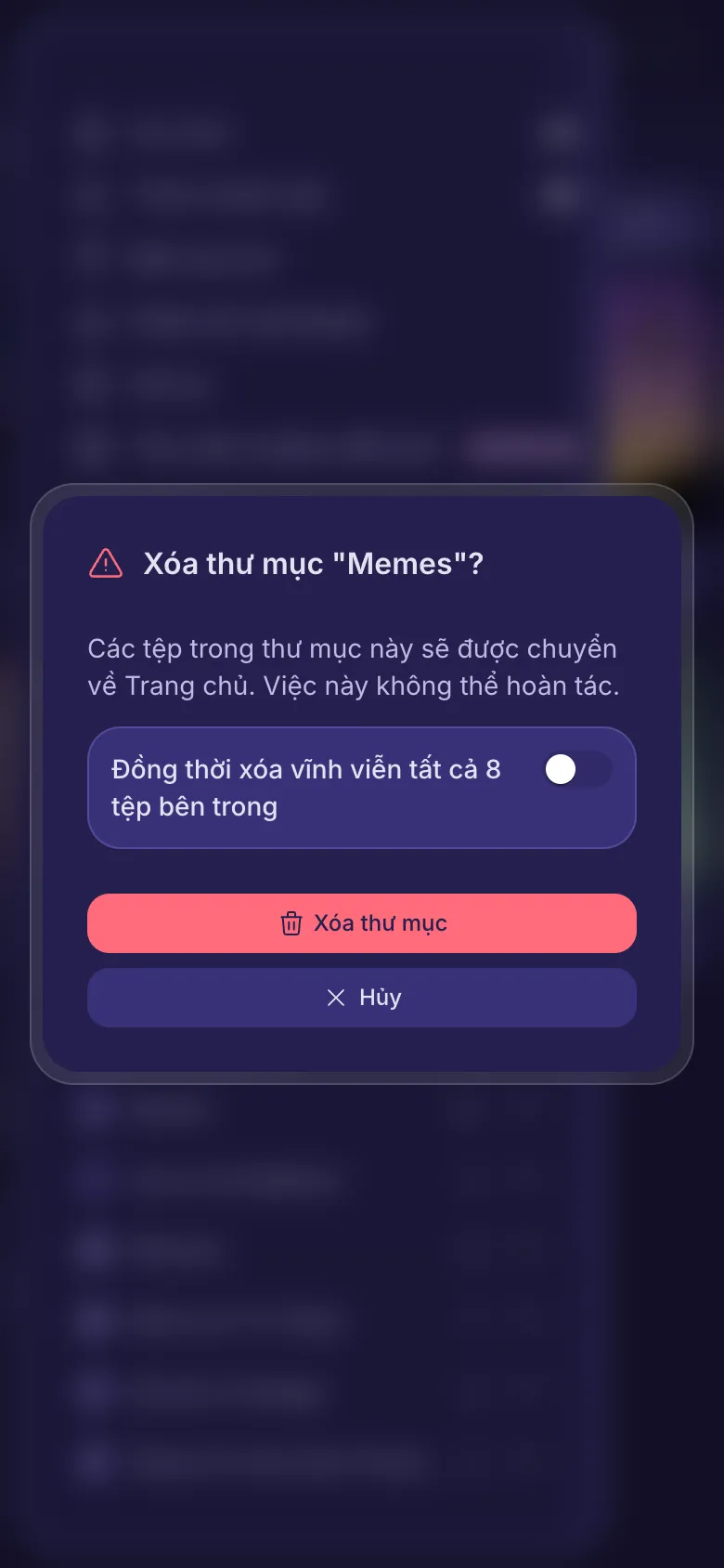 Câu hỏi trước khi xóa thư mục, có công tắc để xóa luôn các tệp bên trong.
