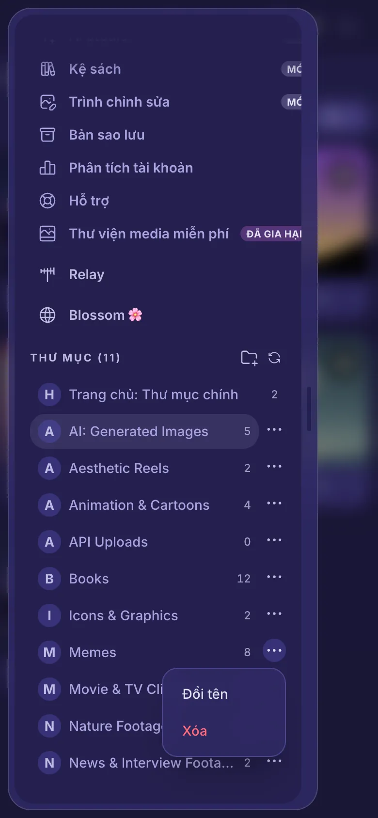 Menu của một thư mục đang mở, có Đổi tên và Xóa.
