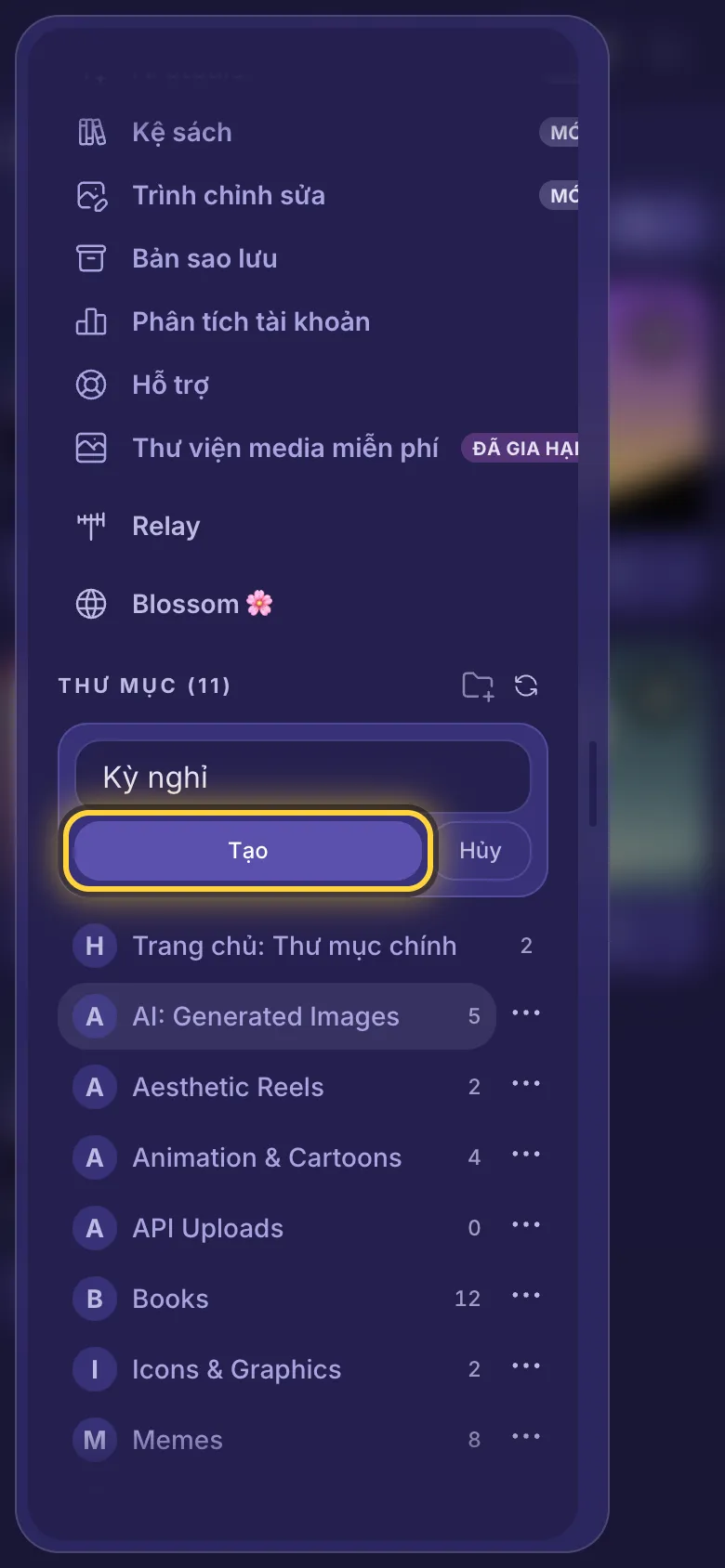 Menu được cuộn đến phần thư mục, tên thư mục mới đã được gõ và nút Tạo được khoanh tròn.
