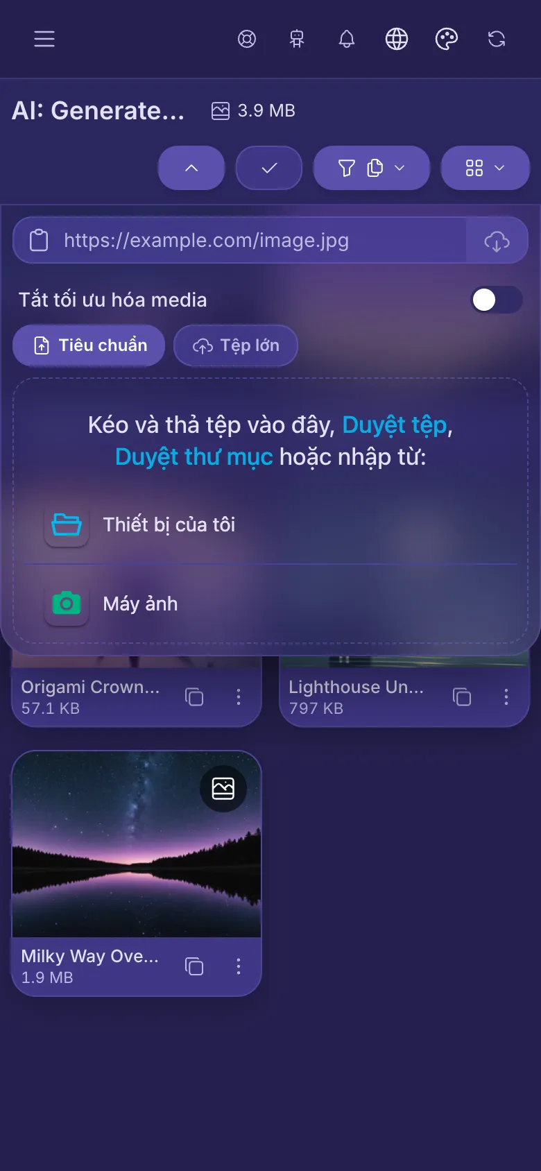 Bảng tải lên mở ra dưới các nút, có chỗ để chọn tệp và một ô để dán liên kết.