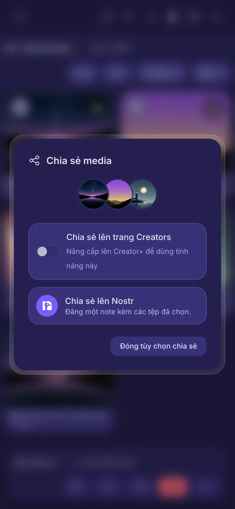 Tùy chọn chia sẻ cho ba tệp: công tắc trang Creators và Chia sẻ lên Nostr.