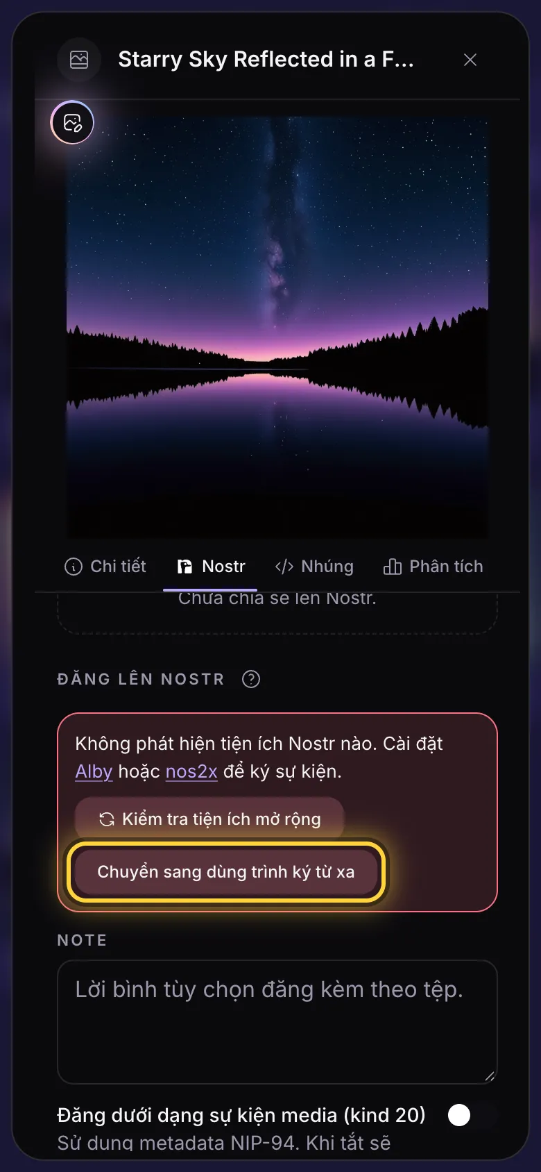 Thẻ Nostr khi chưa có trình ký: thông báo có liên kết tới Alby và nos2x, cùng nút trình ký từ xa.