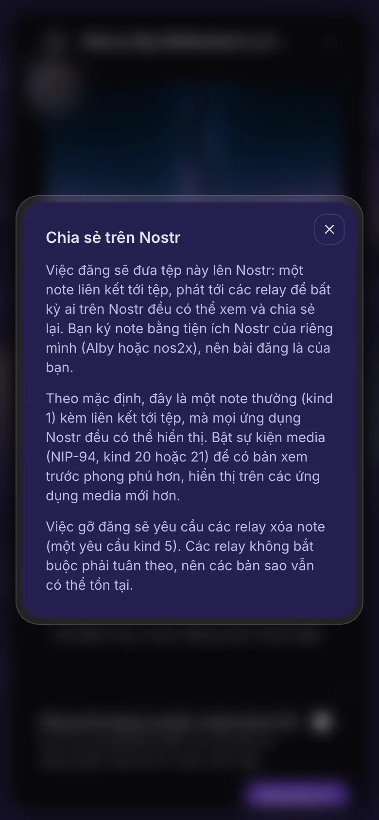 Phần giải thích mở ra từ dấu chấm hỏi cạnh Đăng lên Nostr.