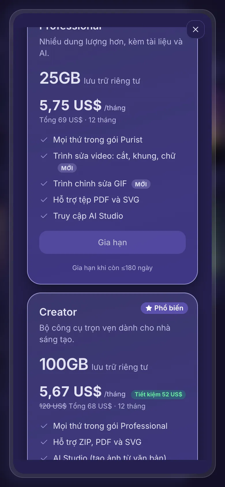 Nâng cấp hoặc gia hạn: gói hiện tại của bạn với Gia hạn, và các gói lớn hơn với Nâng cấp.