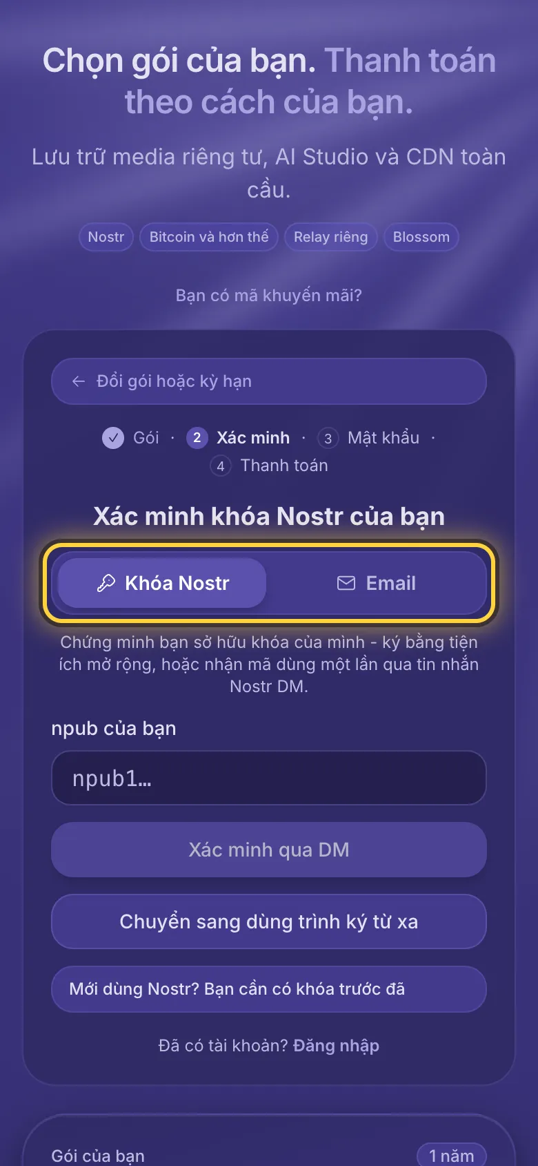 Đăng ký: lựa chọn giữa khóa Nostr và địa chỉ email được khoanh tròn.