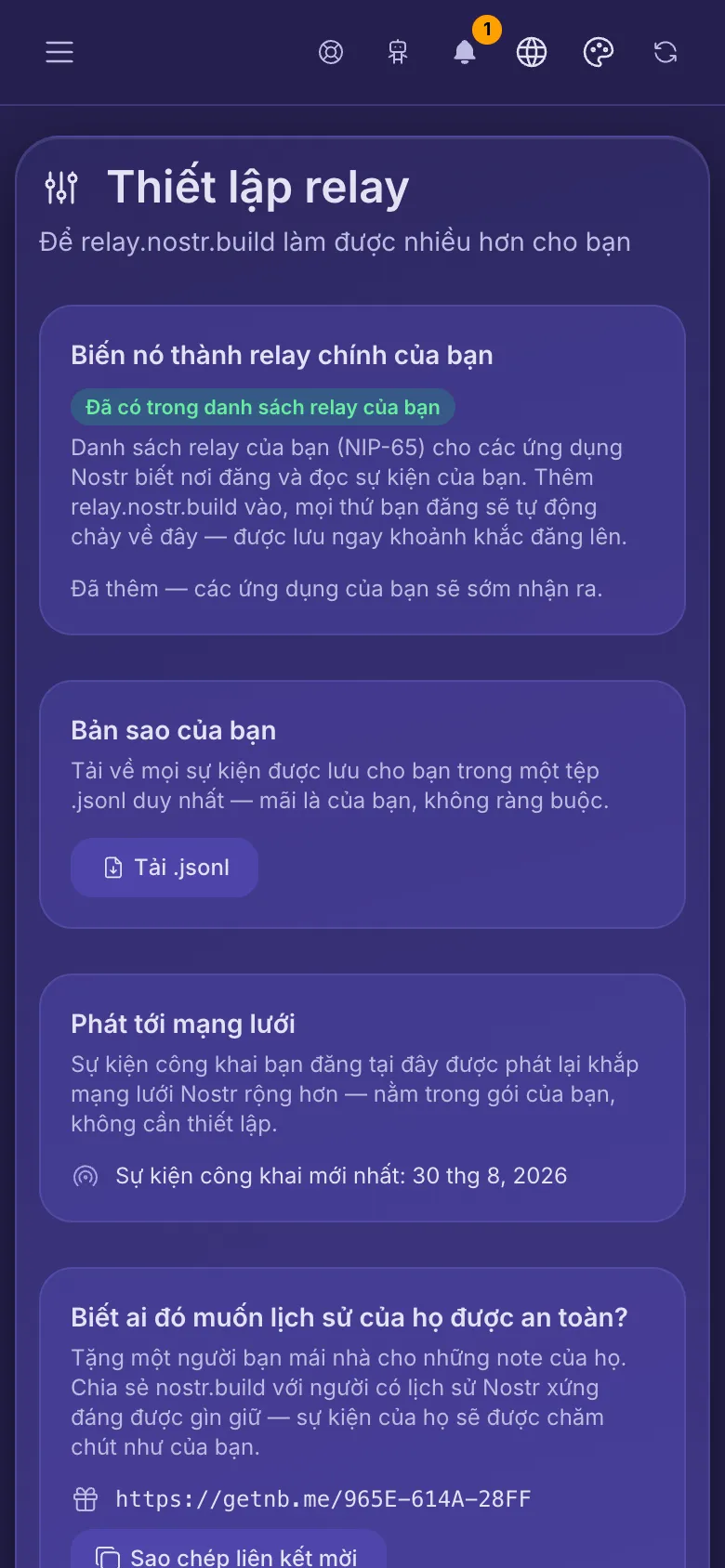 Thiết lập relay: relay đã có trong danh sách relay, một bản sao để tải về và phát tới mạng lưới.