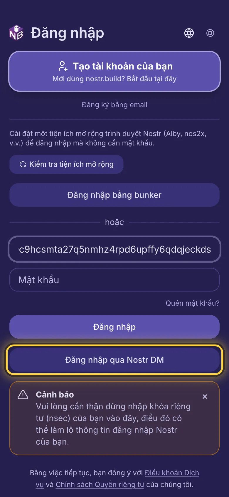 Một npub được nhập vào ô đầu tiên và nút Đăng nhập qua Nostr DM được khoanh tròn.