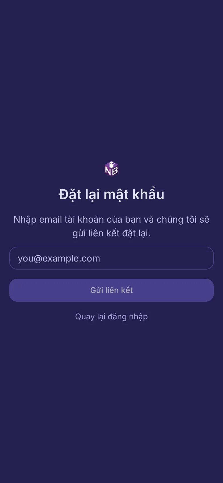 Trang Đặt lại mật khẩu với một ô cho email của bạn.