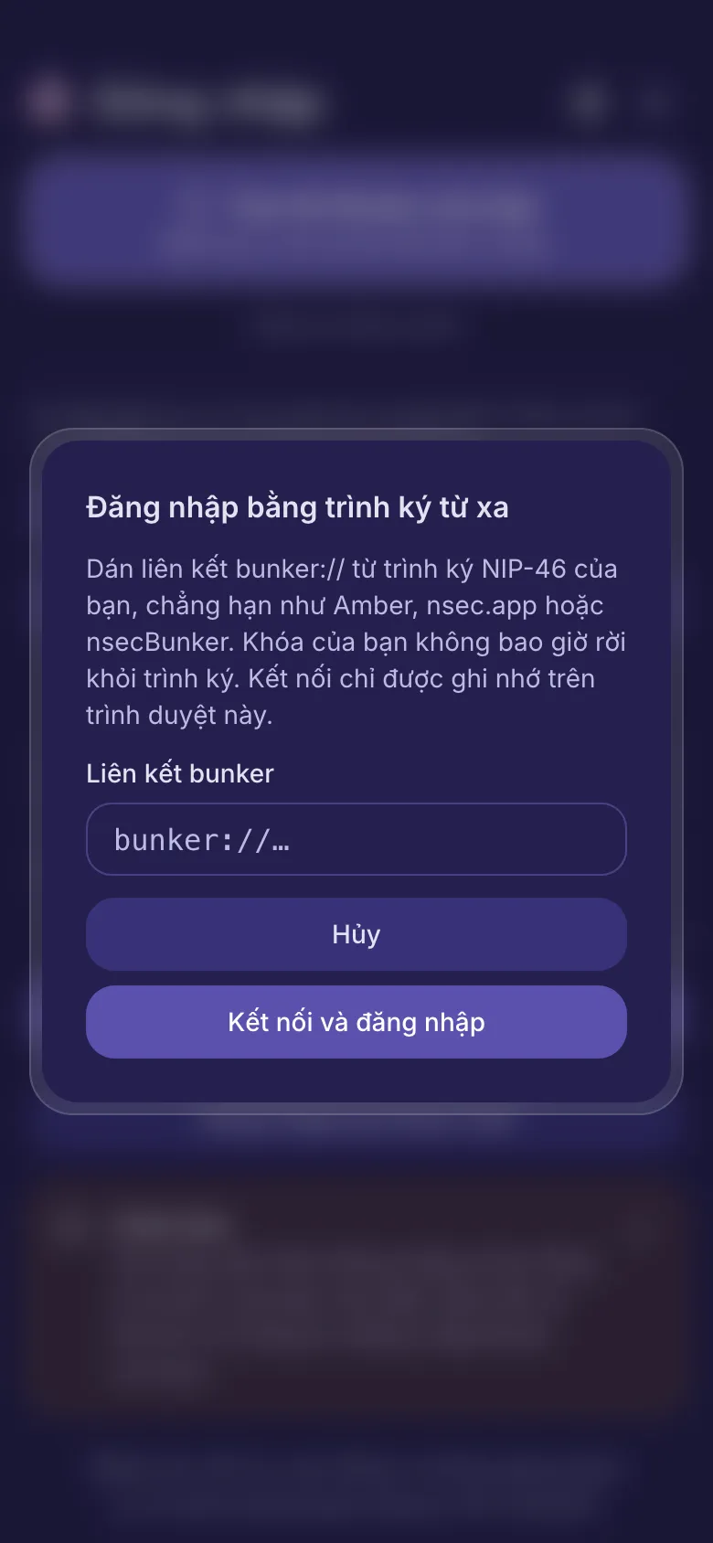 Cửa sổ trình ký từ xa với một ô cho liên kết bunker.
