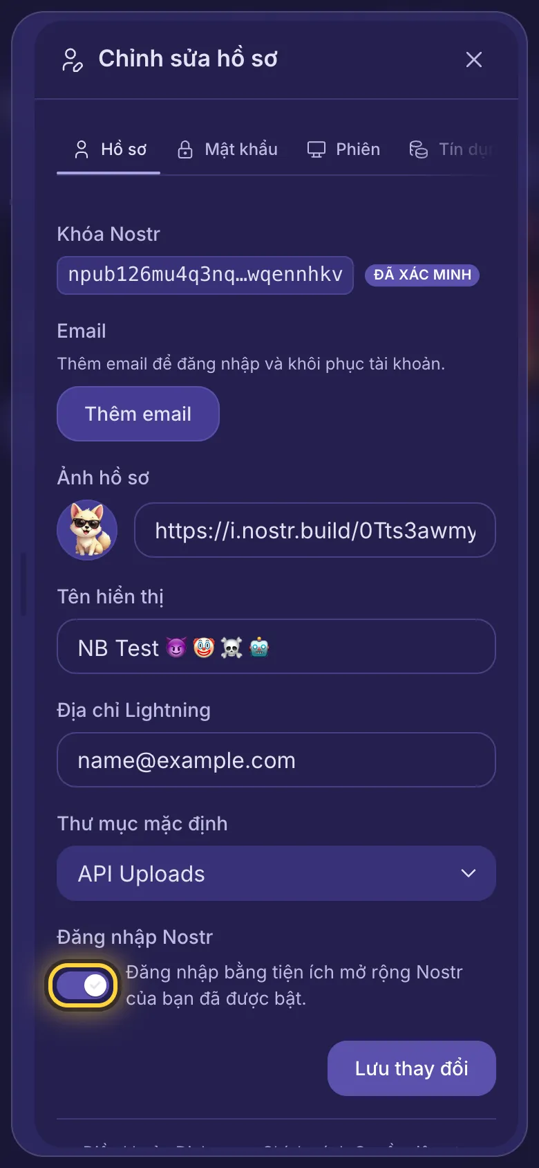 Chỉnh sửa hồ sơ, với công tắc Đăng nhập Nostr và Lưu thay đổi.
