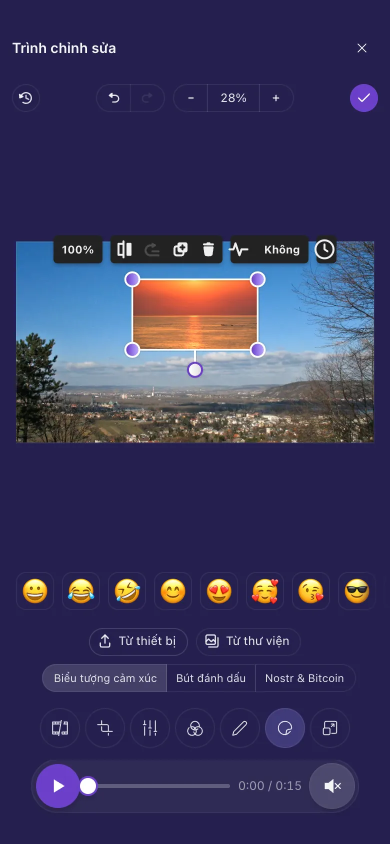 Một clip hoàng hôn phát trong ô đặt trên video tua nhanh thời gian