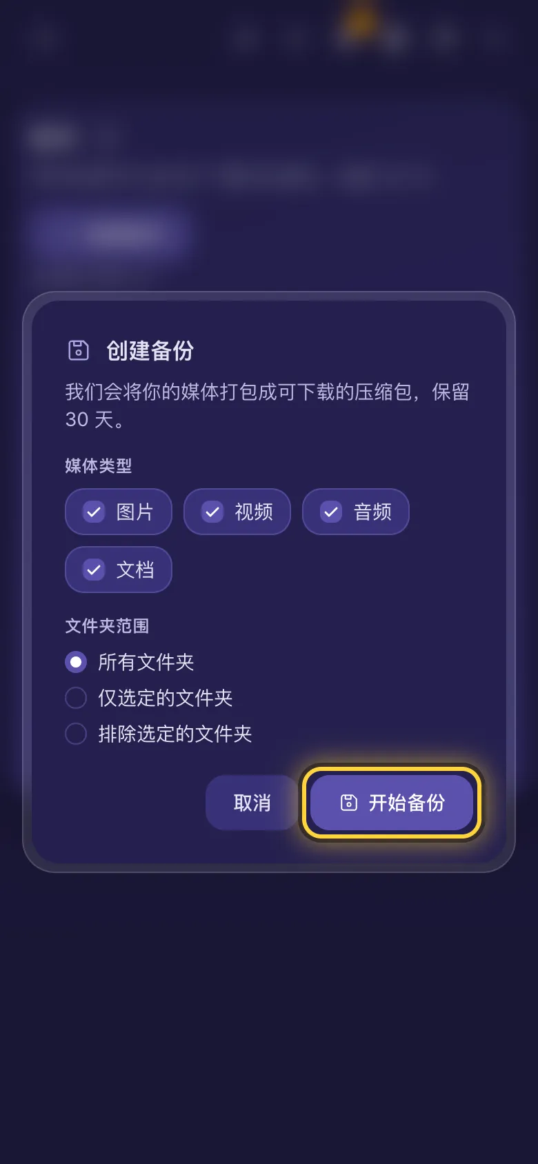创建备份:要包含的媒体类型和文件夹。