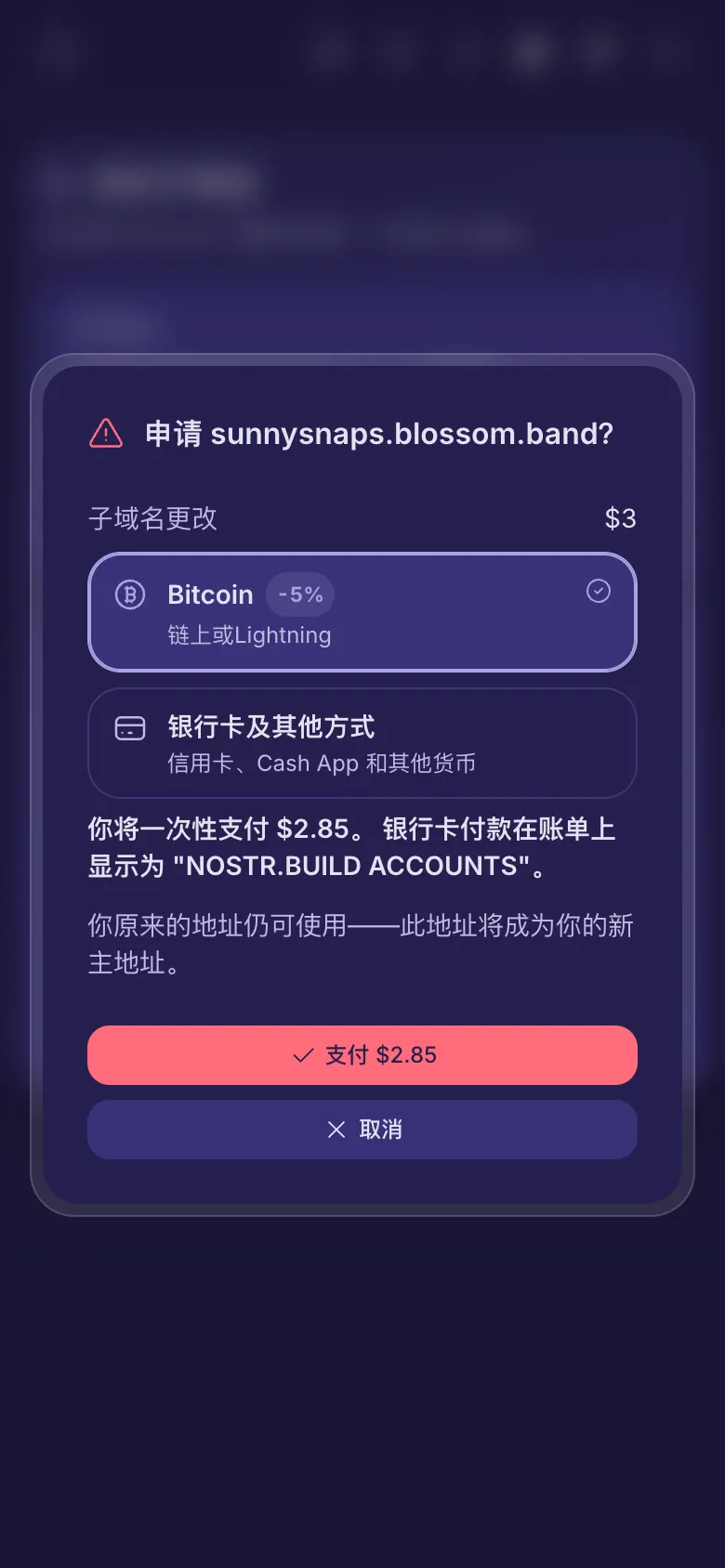 申请收费名字前的确认问题,显示费用和付款方式选择。
