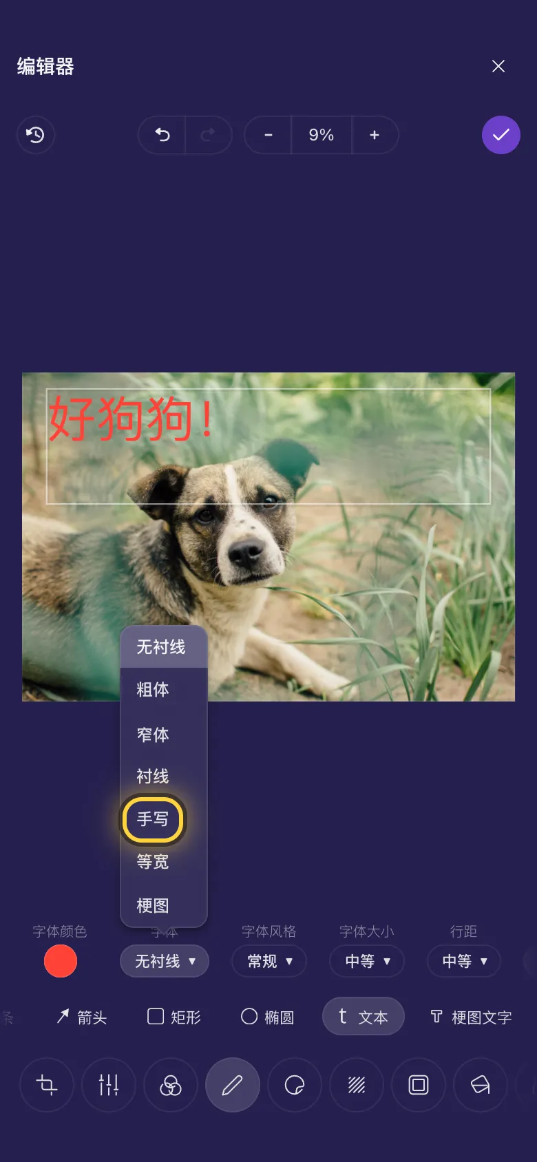 狗的照片上的文字,字体列表已打开