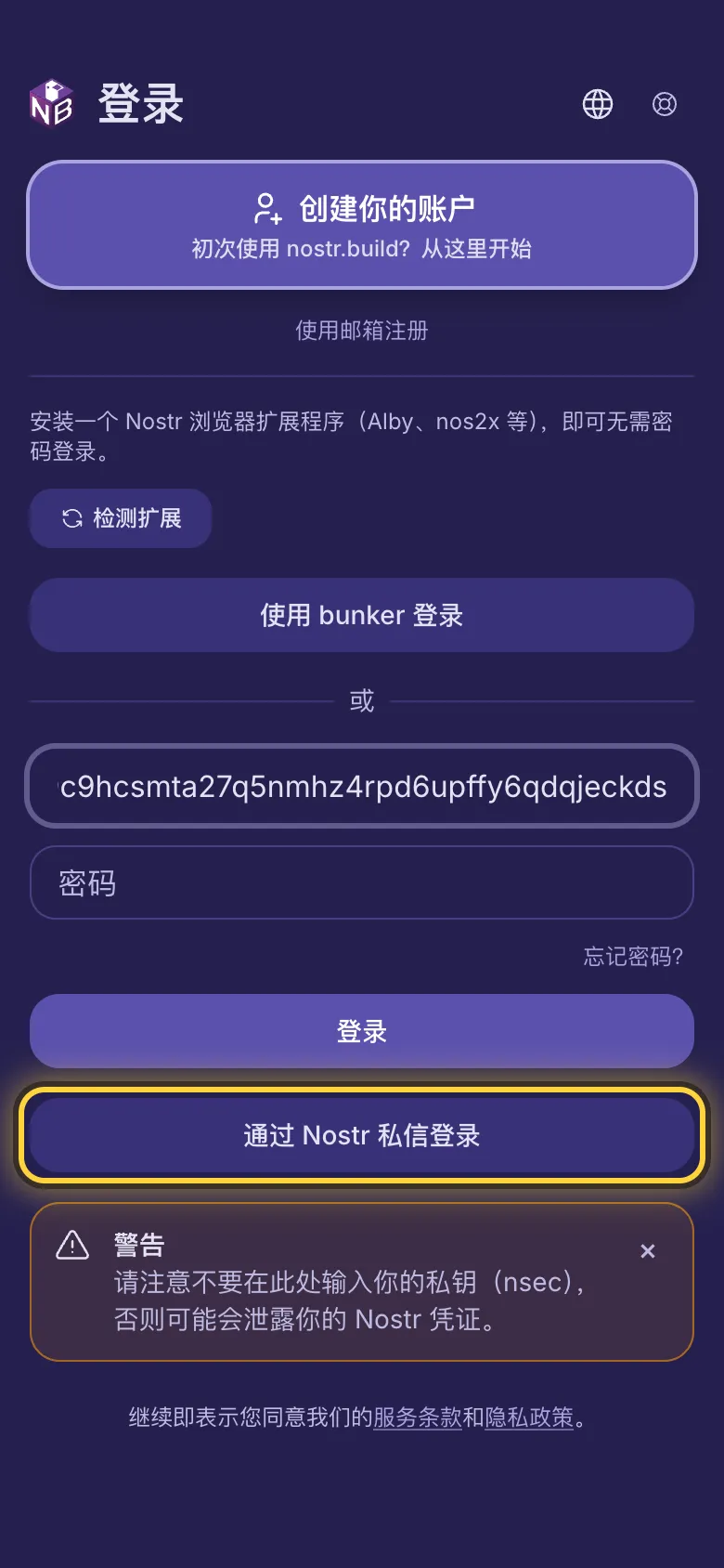 第一个输入框中填好了 npub,并圈出了“通过 Nostr 私信登录”按钮。